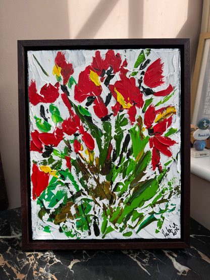 Framed Original Contemporary Abstract Oil Painting On Canvas 38 x 32cm ‘ Red Flowers