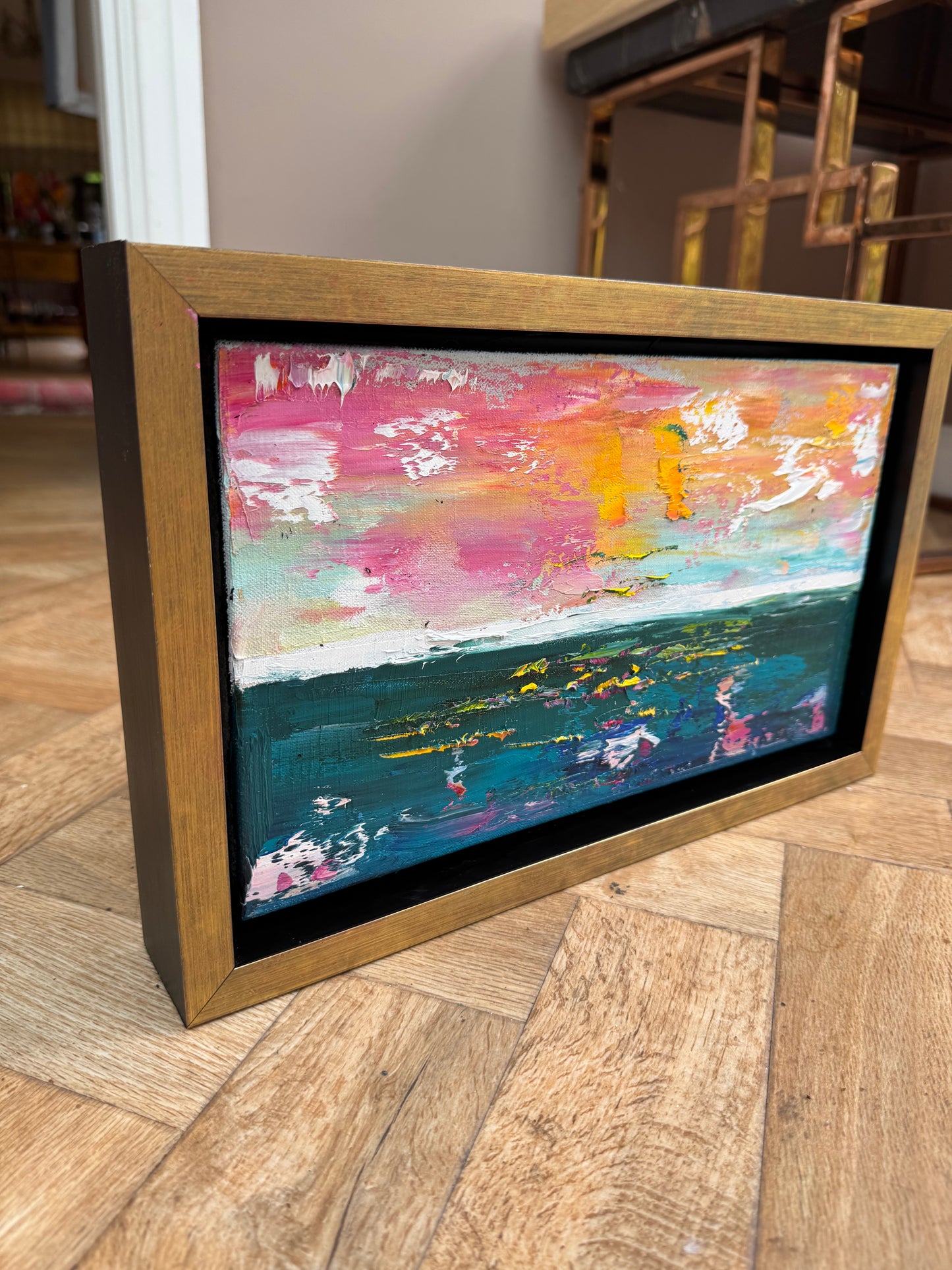 Framed in gold Original Abstract contemporary Oil Painting On Canvas 36x23cm textured Rose Gold sea