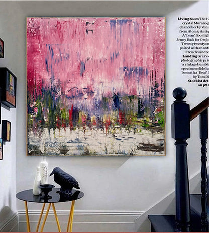 Oka style textured Original modern Abstract Oil Painting On Canvas 80 x 80cm ‘Pink Horizon’