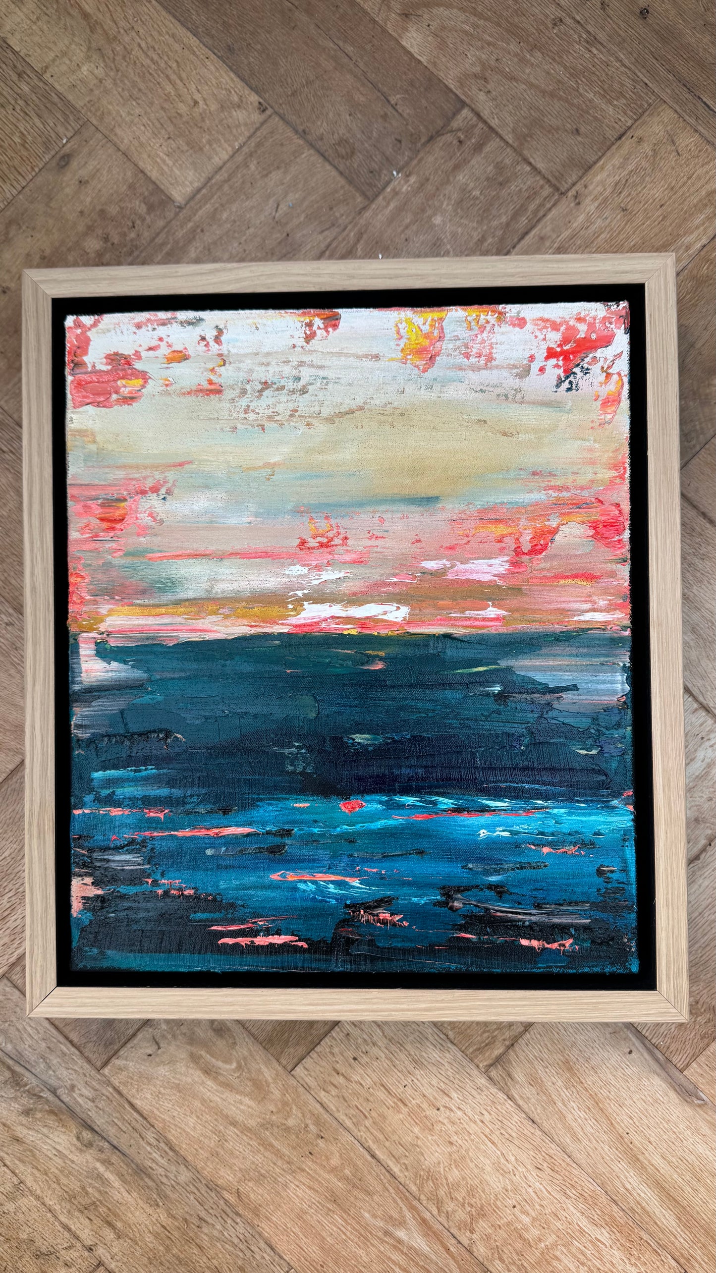Framed in oak Original Abstract contemporary Oil Painting On Canvas 38x33cm  textured Oka Elysian Waters