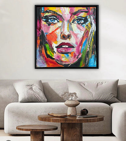 Framed in black frame Original Abstract contemporary Oil Painting On Canvas 54 x 54cm Wild Muse woman portrait