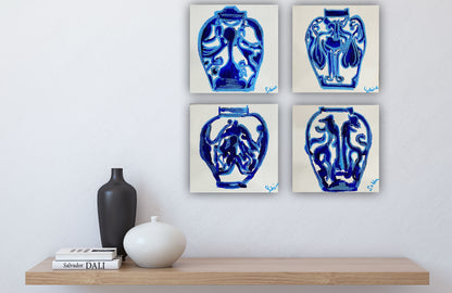 Oka set of 4 Modern Abstract Original Oil Paintings On Canvas Blue vases 15x15cm each