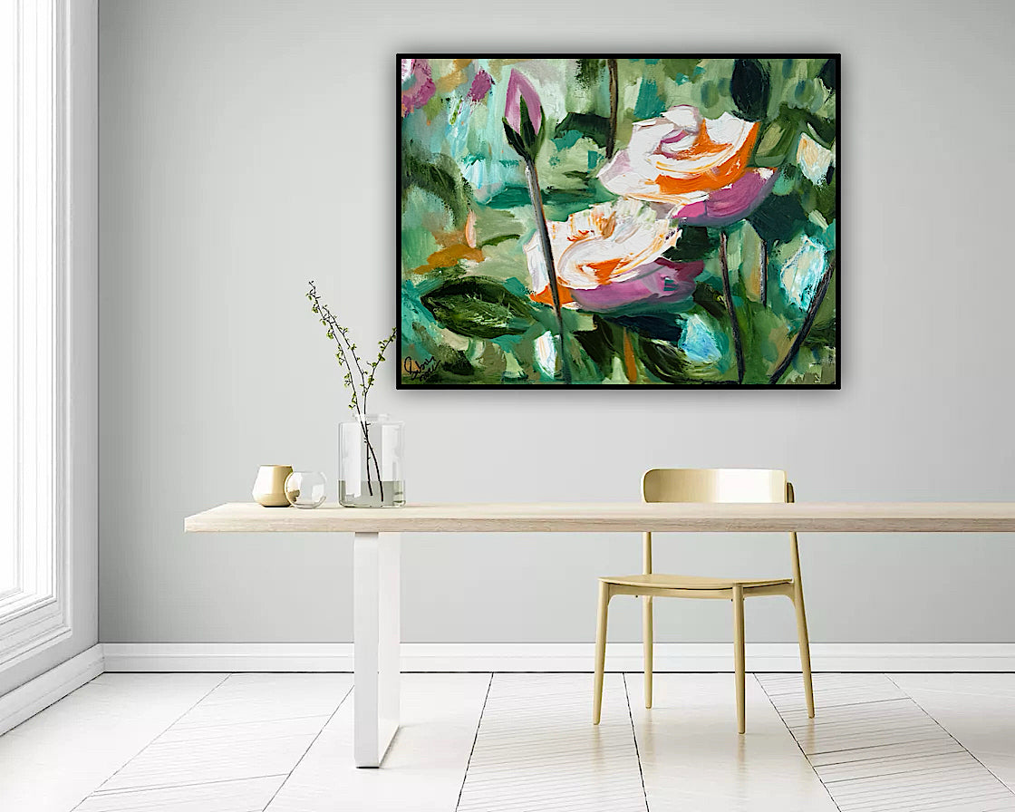 Renoir Summer white Roses Original abstract Oil Painting On Canvas 60x46cm