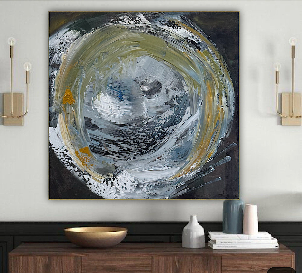 Original Abstract mixed media oil acrylic wax Painting On Canvas 50x50cm Gold & Ash Orbit oka