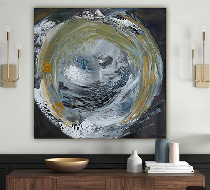 Original Abstract mixed media oil acrylic wax Painting On Canvas 50x50cm Gold & Ash Orbit oka