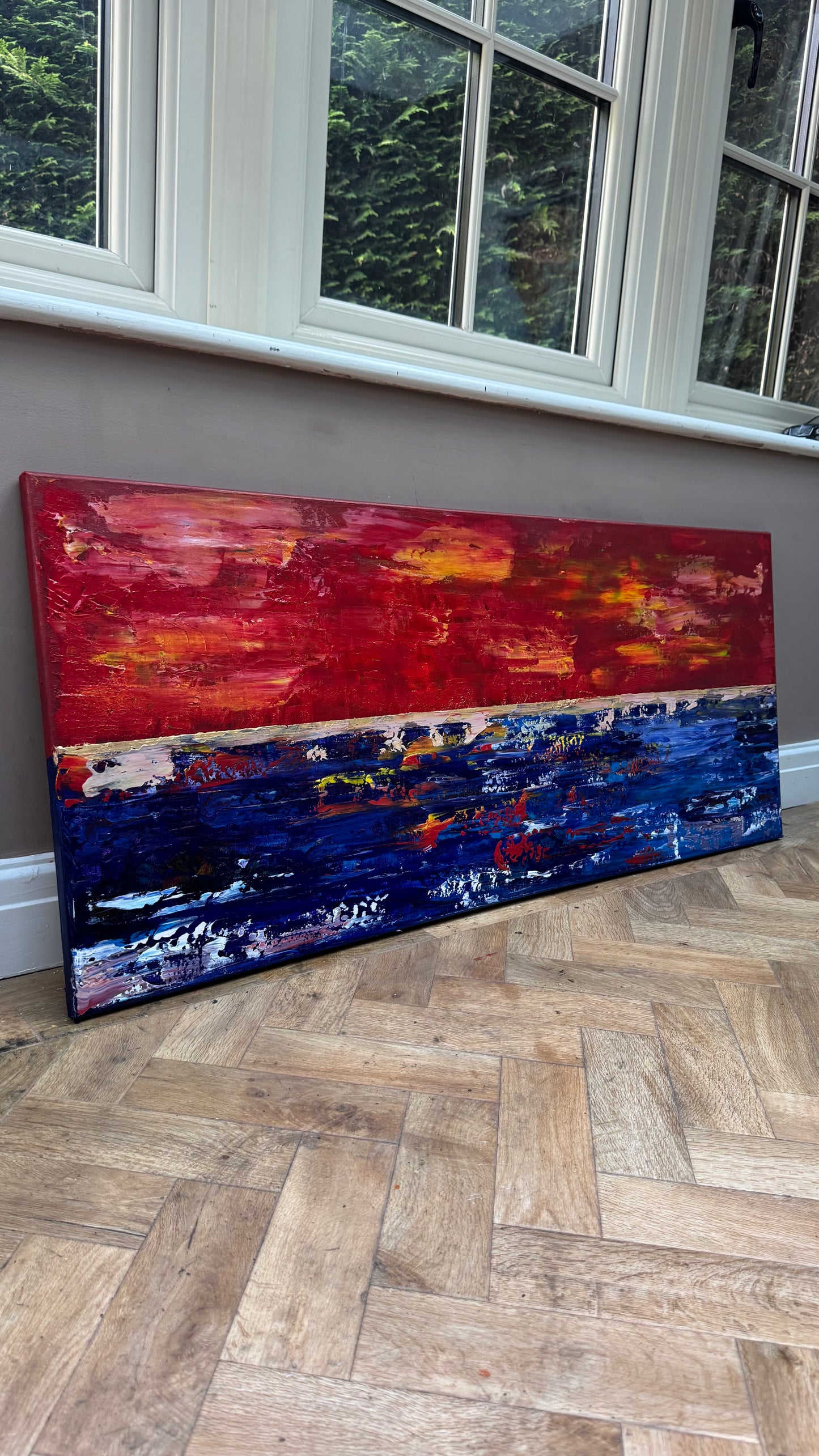 Abstract original Oil Painting On Canvas ‘Orange horizon’ 120cm X 50cm textured landscape