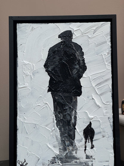 Framed Original Contemporary Abstract Oil Painting On Canvas 42cm x 29cm ‘ Pals’ man with a dog