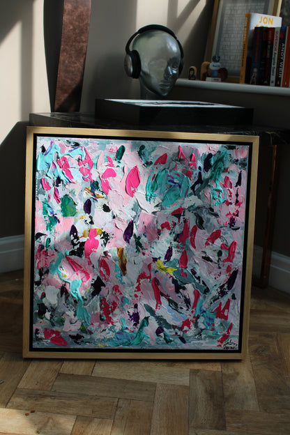 Abstract Original Oil Painting On 50x50cm canvas textured Painting ‘Summer Garden’ Oka framed in solid oak frame