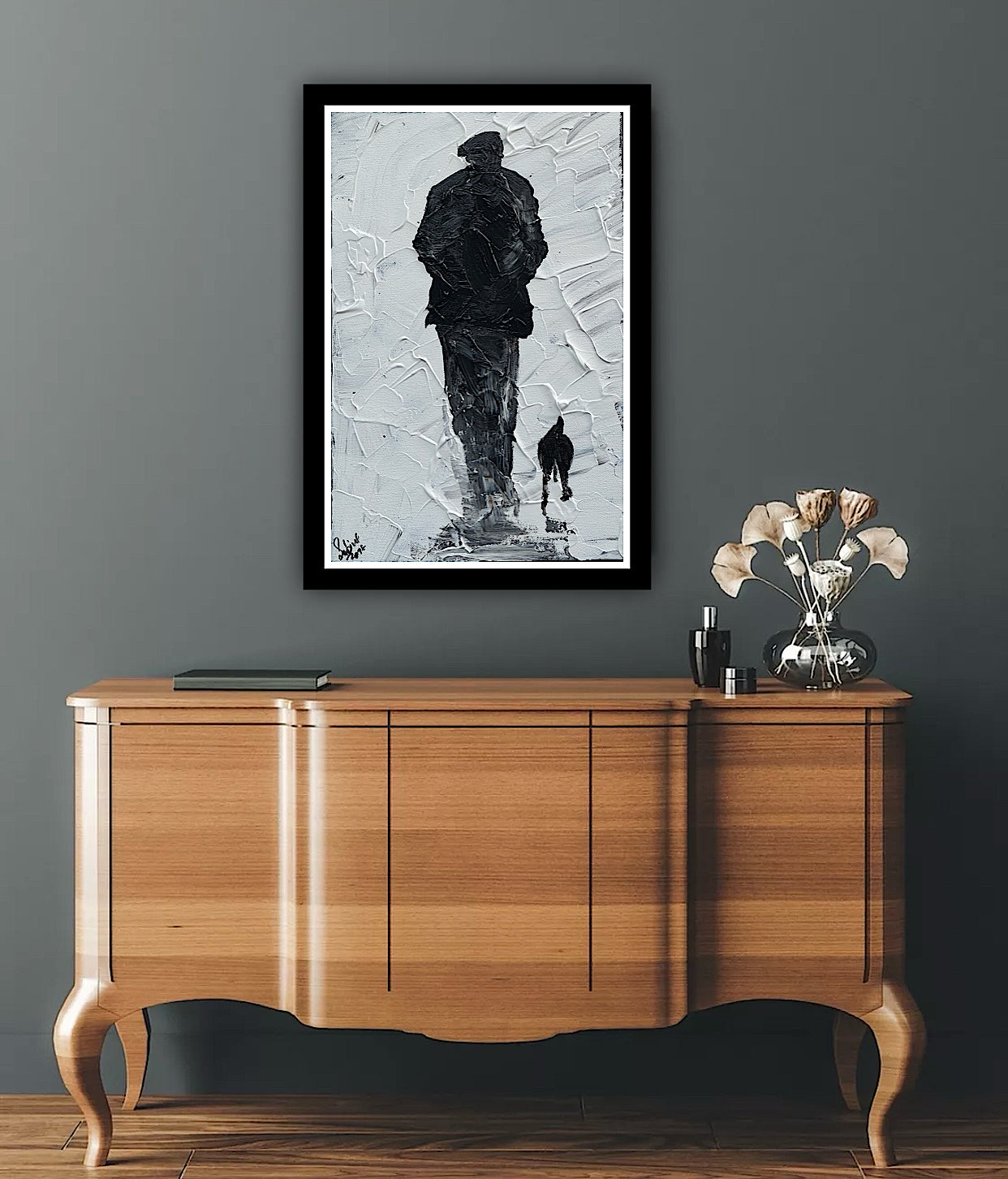 Framed Original Contemporary Abstract Oil Painting On Canvas 42cm x 29cm ‘ Pals’ man with a dog