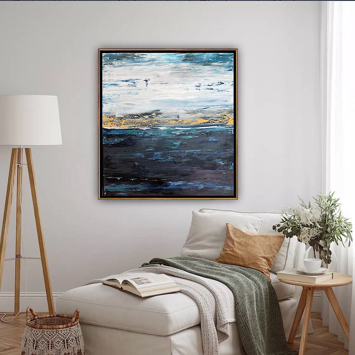 Framed in gold oak frame Original Abstract contemporary Oil Painting On Canvas 77x70cm  textured Oka Coastal Line