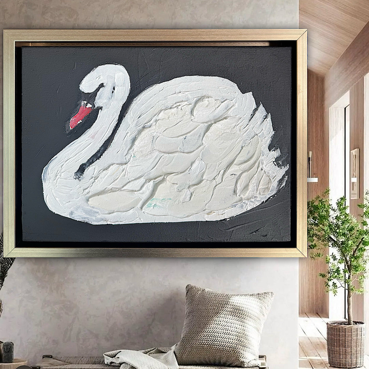 Framed in gold textured Original Contemporary Abstract Oil Painting On Canvas 33x25cm White Swan