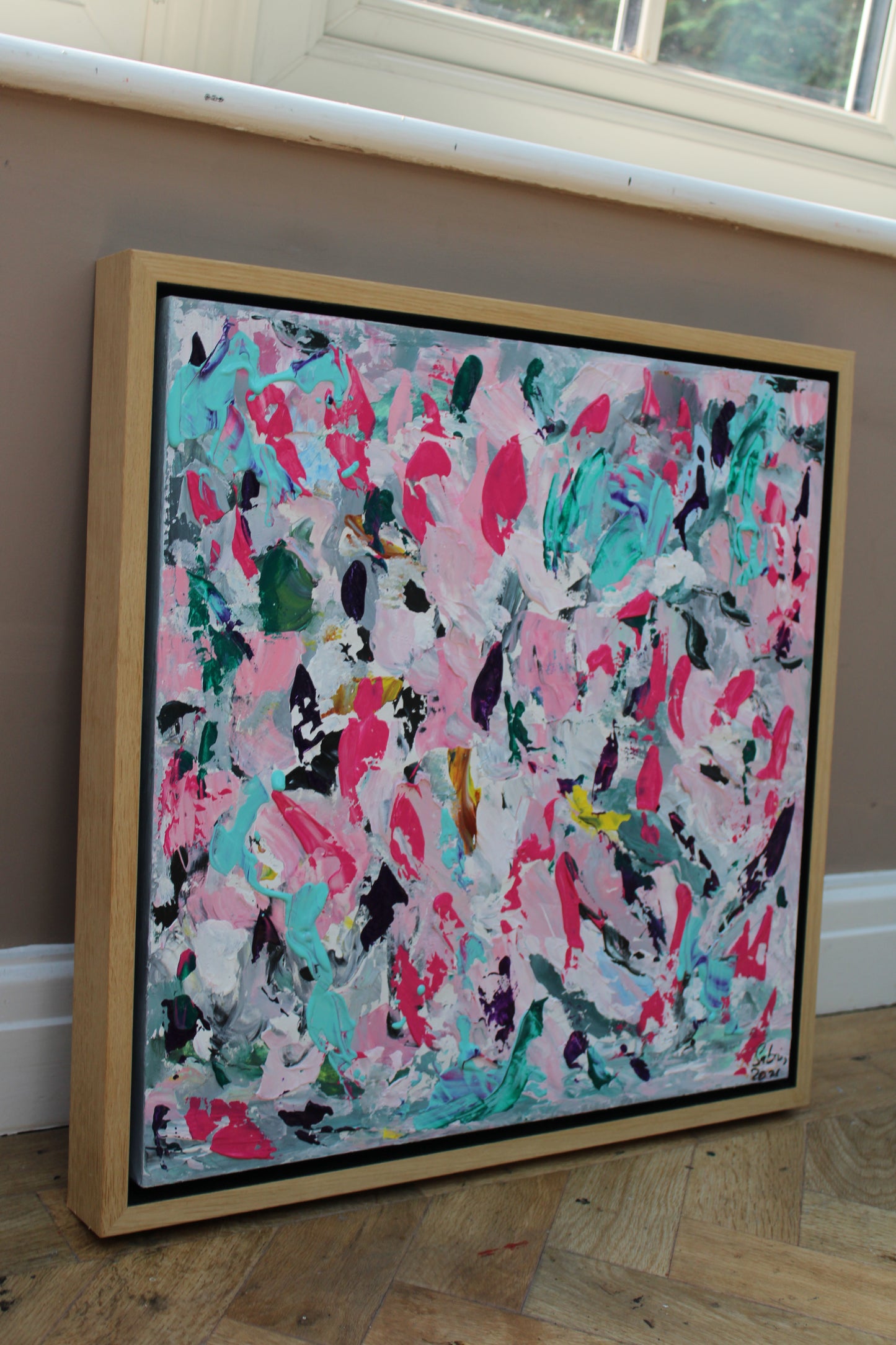 Abstract Original Oil Painting On 50x50cm canvas textured Painting ‘Summer Garden’ Oka framed in solid oak frame