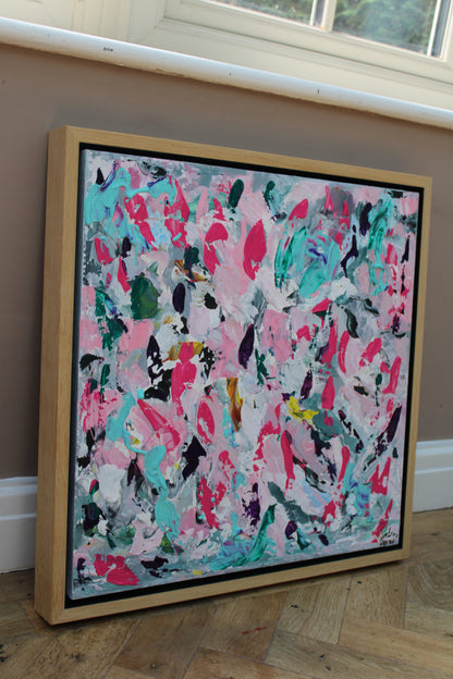 Abstract Original Oil Painting On 50x50cm canvas textured Painting ‘Summer Garden’ Oka framed in solid oak frame