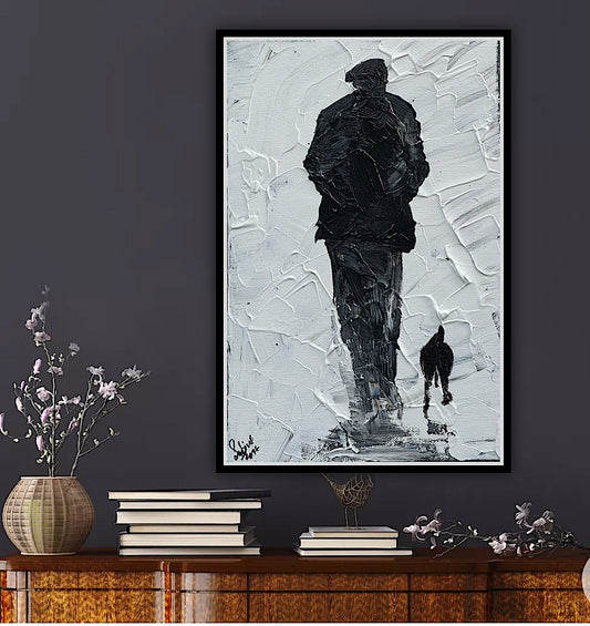 Framed Original Contemporary Abstract Oil Painting On Canvas 42cm x 29cm ‘ Pals’ man with a dog