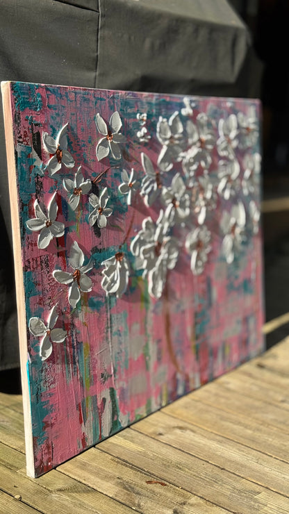 Large Abstract Original Oil Painting On 100x77cm canvas ‘White Flowers ’ vogue oka