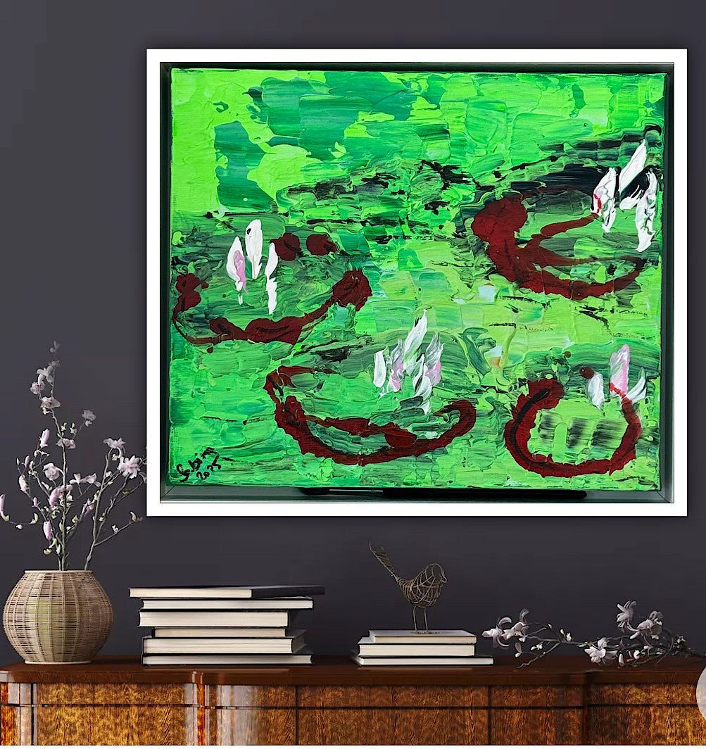 Framed Original Abstract contemporary Oil Painting On Canvas 36 x 33cm  Lily Pond oka