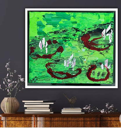 Framed Original Abstract contemporary Oil Painting On Canvas 36 x 33cm  Lily Pond oka