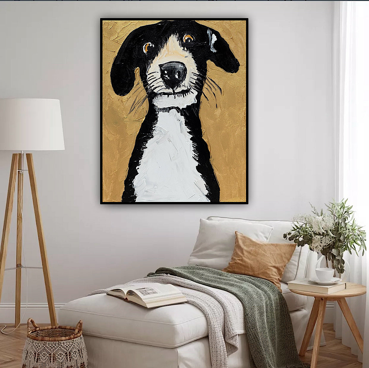 Original Abstract Oil Painting On 50 x 40cm Canvas Gold Background ‘Protector’ Dog