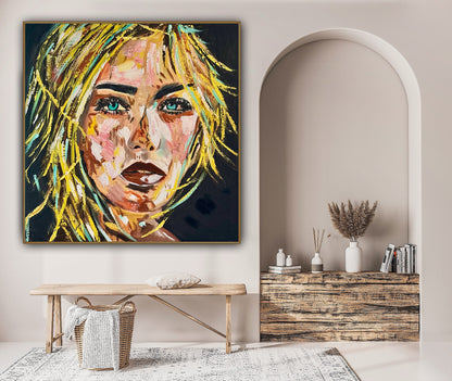 Contemporary Abstract Original Oil Painting On Canvas 80x80cm  Blond girl ‘Luna’ woman’s portrait