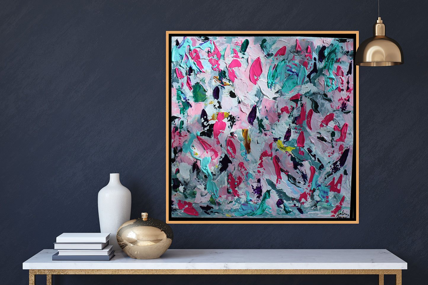 Abstract Original Oil Painting On 50x50cm canvas textured Painting ‘Summer Garden’ Oka framed in solid oak frame
