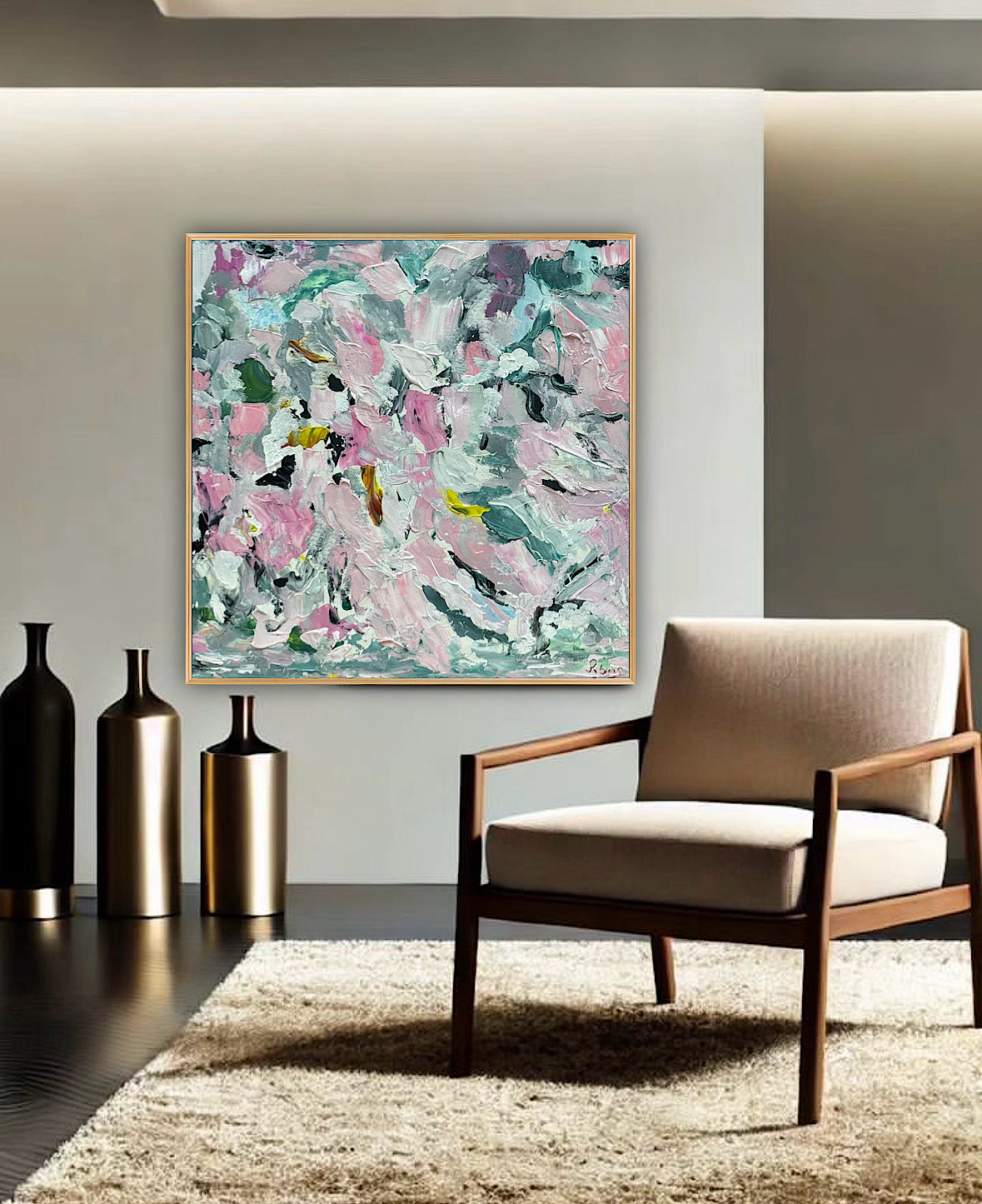 Large Abstract Original Oil Painting On 50x50cm canvas textured Painting ‘Pink Fusion’ Oka framed in solid oak frame