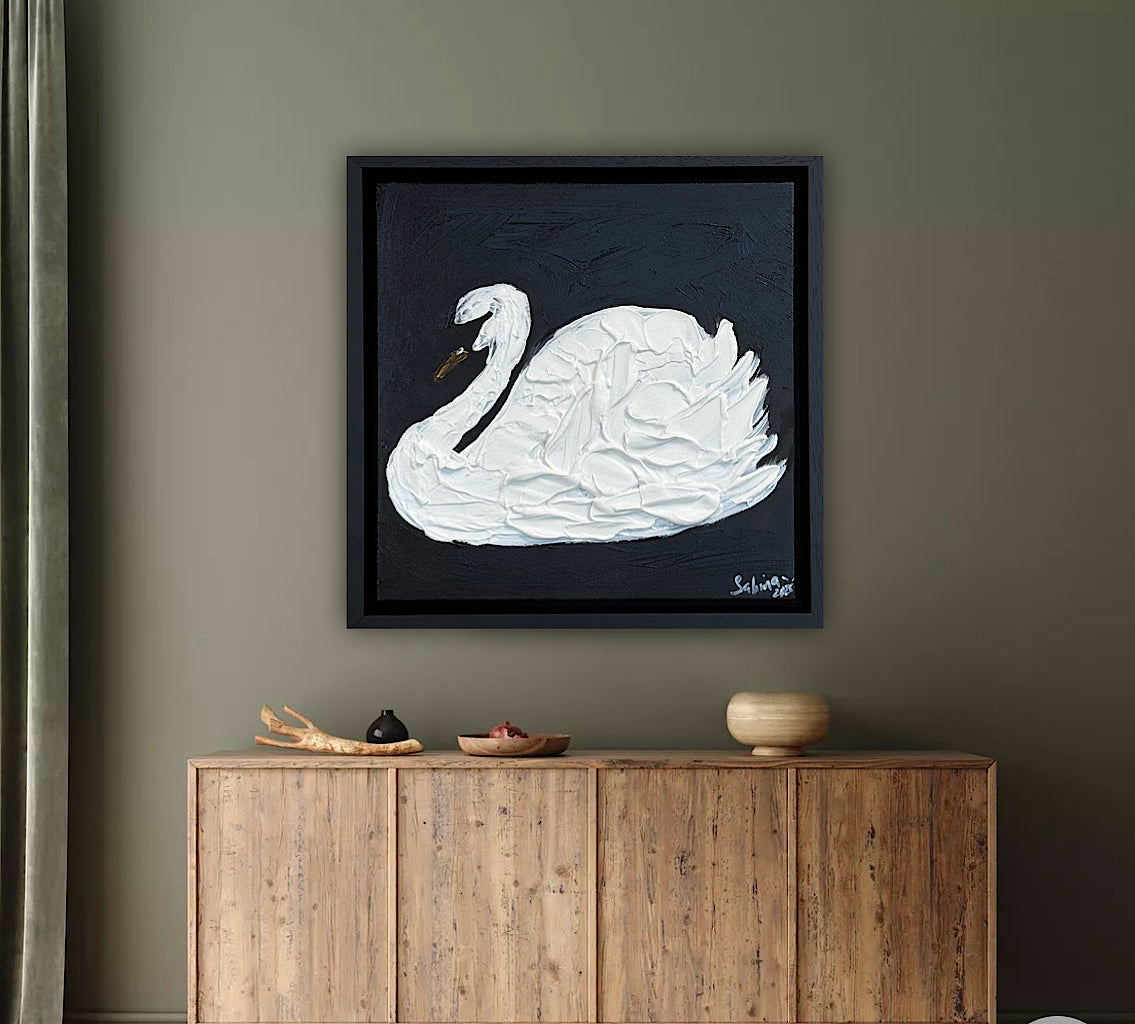 Framed Original Abstract contemporary Oil Painting On Canvas 30x30cm Swan Nocturne oka