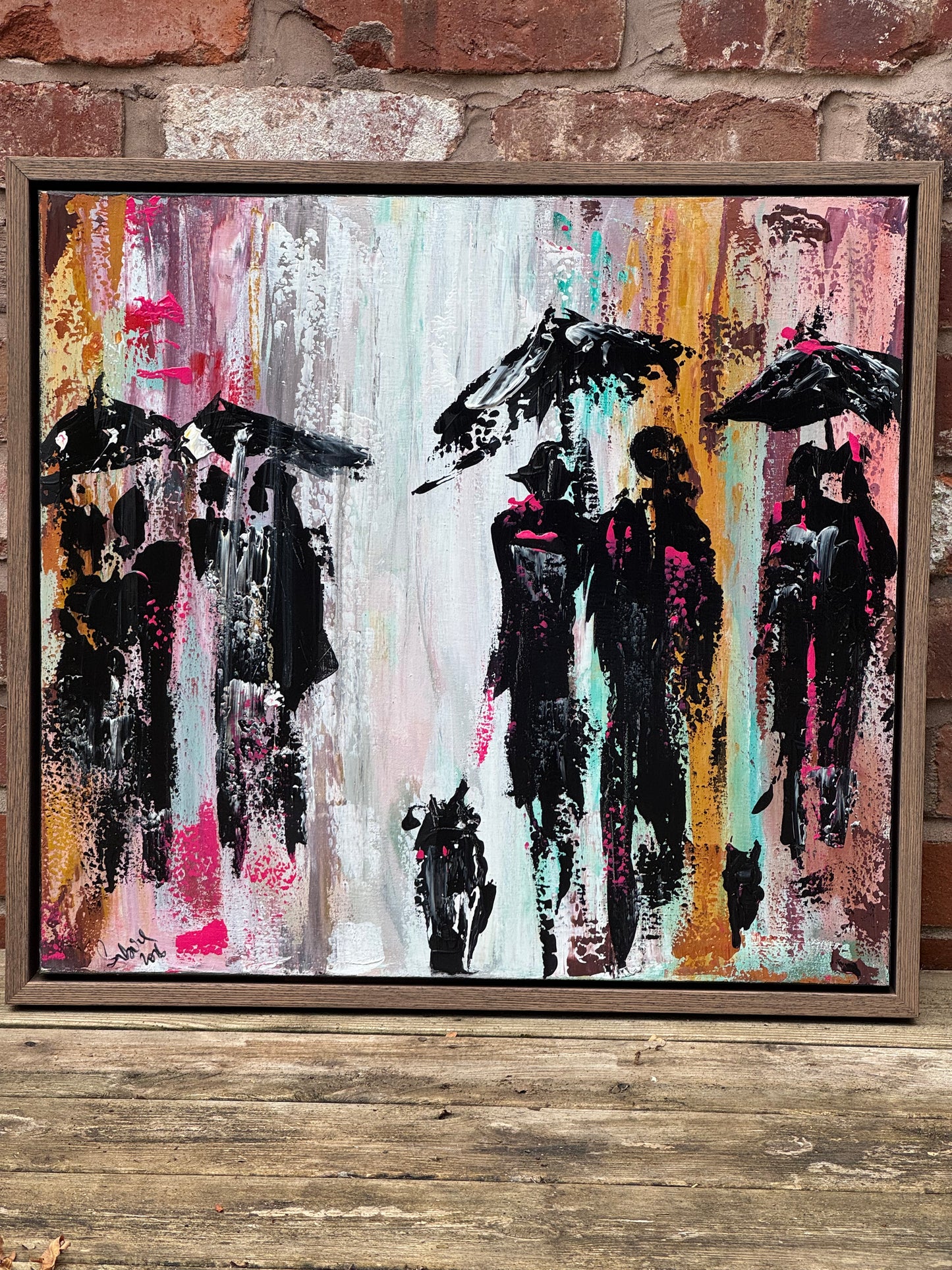 Original Abstract contemporary Oil Painting On Canvas 64cm x 60cm London in the Rain Framed in dark oak