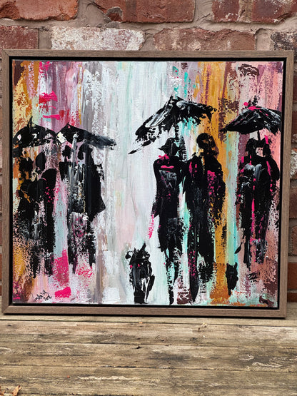Original Abstract contemporary Oil Painting On Canvas 64cm x 60cm London in the Rain Framed in dark oak
