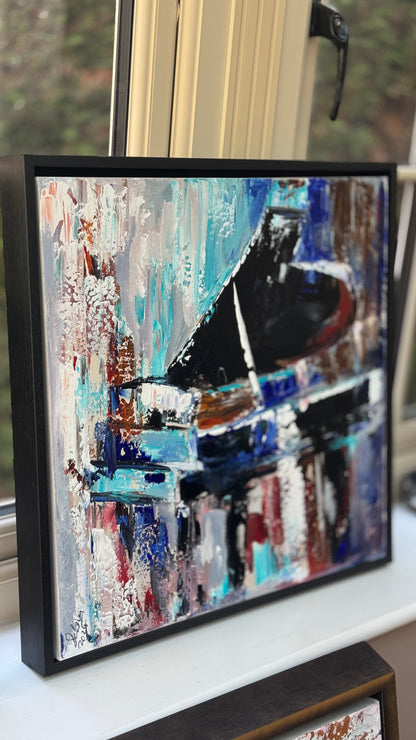 Framed in black Textured Original Abstract Oil Painting On Canvas 55x55cm Black Grand Piano