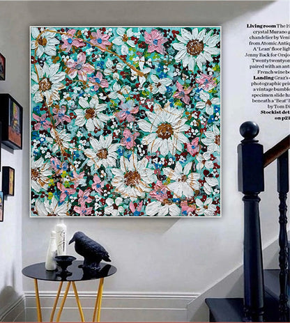 Original Abstract Oil Painting On deep edge Canvas 100x100cm Daisies & more Flowers Textured