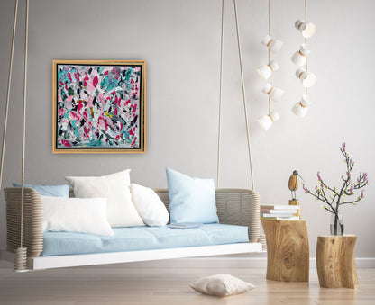 Abstract Original Oil Painting On 50x50cm canvas textured Painting ‘Summer Garden’ Oka framed in solid oak frame