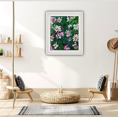 Original Abstract Oil Painting On Canvas board 60 x 50cm garden white flowers II Oka