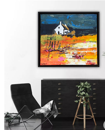 Framed Original Abstract contemporary Oil Painting On Canvas 43x40cm Magazine Irish House on a Hill Oka
