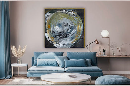 Original Abstract mixed media oil acrylic wax Painting On Canvas 50x50cm Gold & Ash Orbit oka