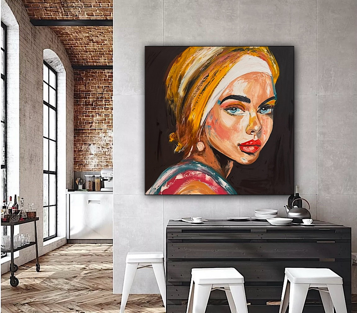 Richter Style Abstract Original Oil Painting On 90 x 90cm canvas Pillow Talk Eyes woman portrait