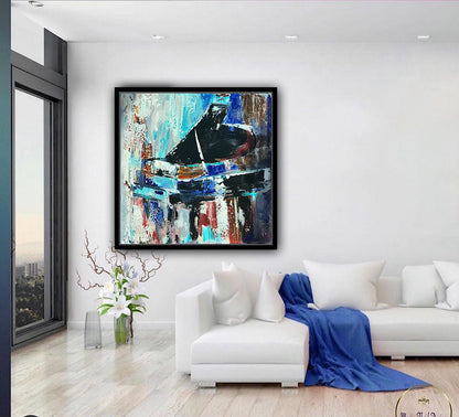 Framed in black Textured Original Abstract Oil Painting On Canvas 55x55cm Black Grand Piano