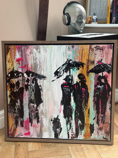 Original Abstract contemporary Oil Painting On Canvas 64cm x 60cm London in the Rain Framed in dark oak