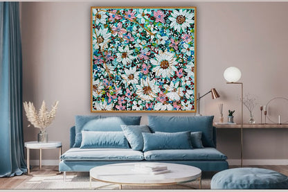 Original Abstract Oil Painting On deep edge Canvas 100x100cm Daisies & more Flowers Textured
