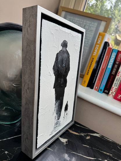 Framed in silver textured Original Contemporary Abstract Oil Painting On Canvas 22x35cm Pals (man and his dog)