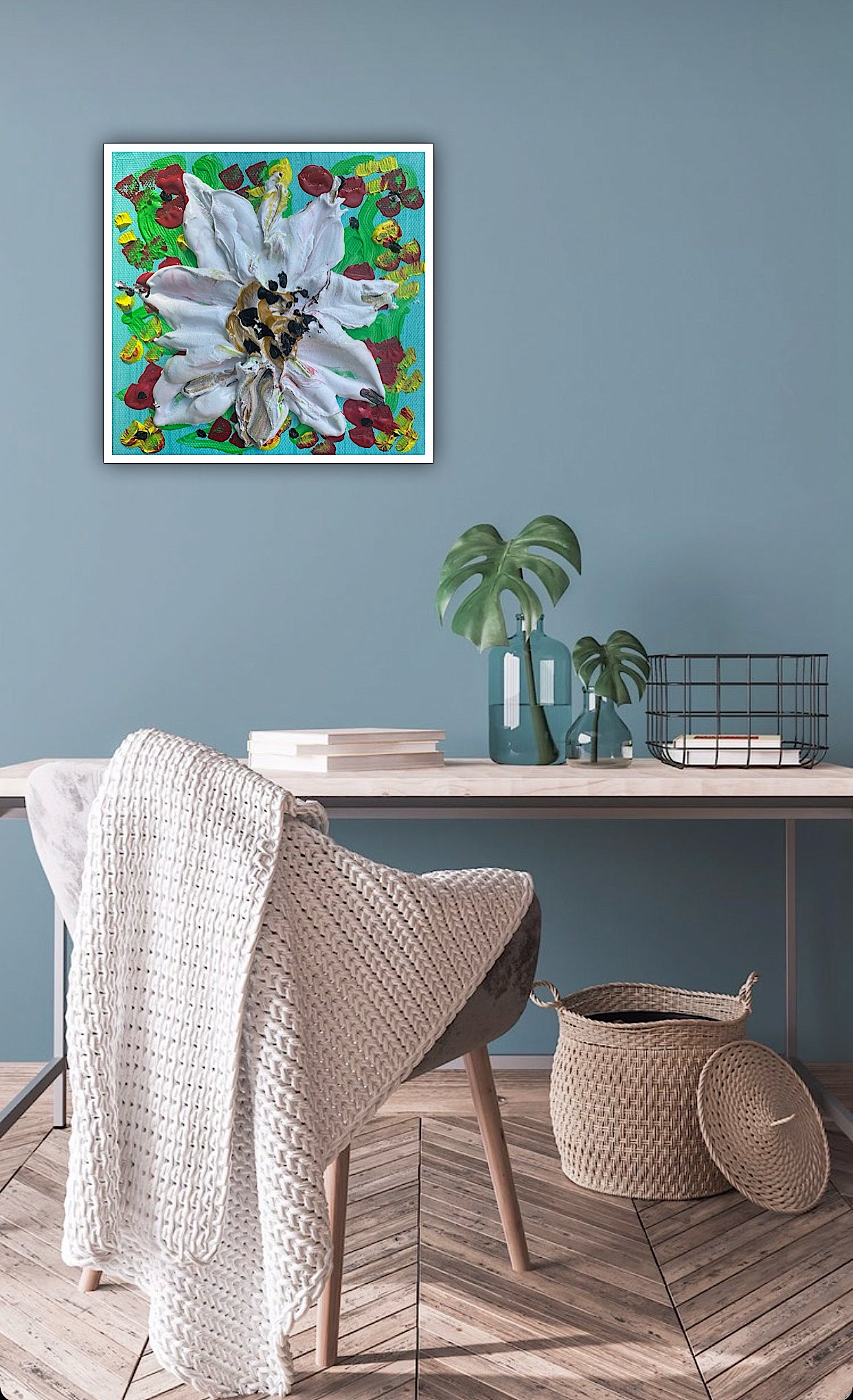 Modern Abstract Original Oil Paintings On 4cm deep Canvas ‘white flower ’  15x15cm textured