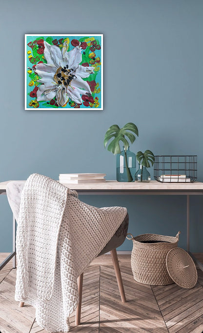 Modern Abstract Original Oil Paintings On 4cm deep Canvas ‘white flower ’  15x15cm textured