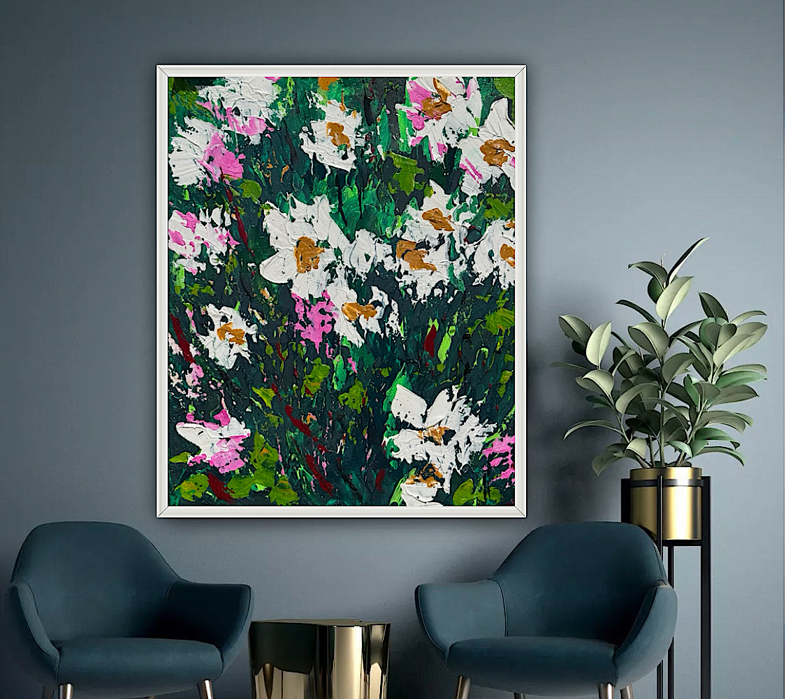 Original Abstract Oil Painting On Canvas board 60 x 50cm garden white flowers I Oka