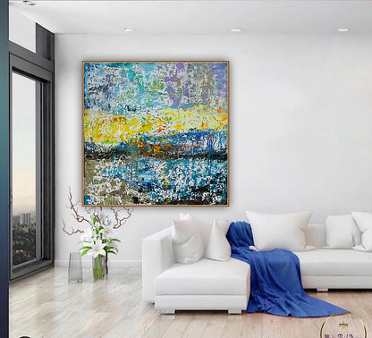 Original Abstract Oil Painting On Canvas Textured 100x100cm  Tides of Radiance (seaside)
