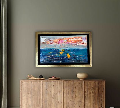 Framed in gold Original Abstract contemporary Oil Painting On Canvas 36x23cm textured Golden Tide