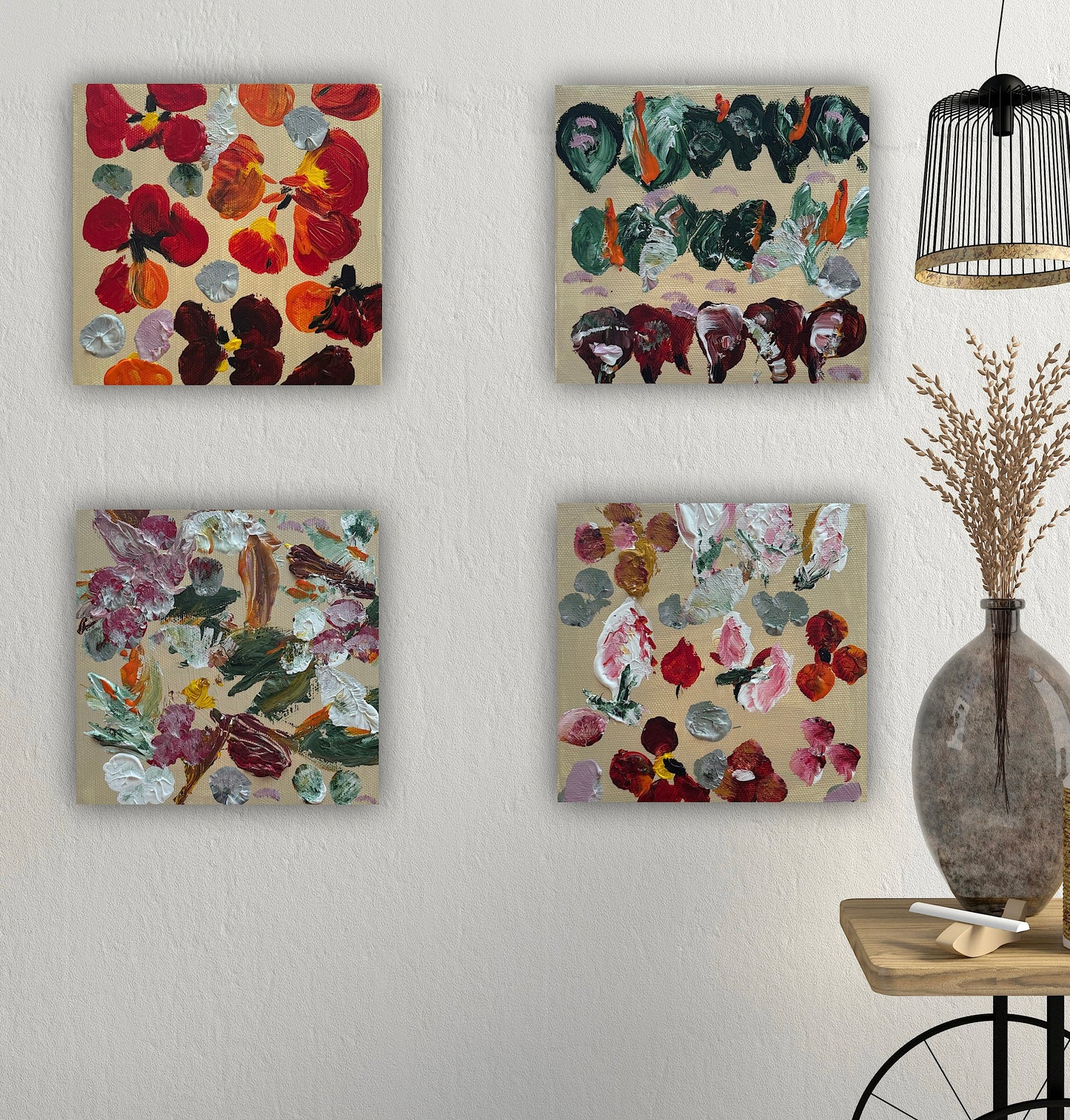 Oka set of 4 Modern Abstract Original Oil Paintings On Canvas Petals 15x15cm each