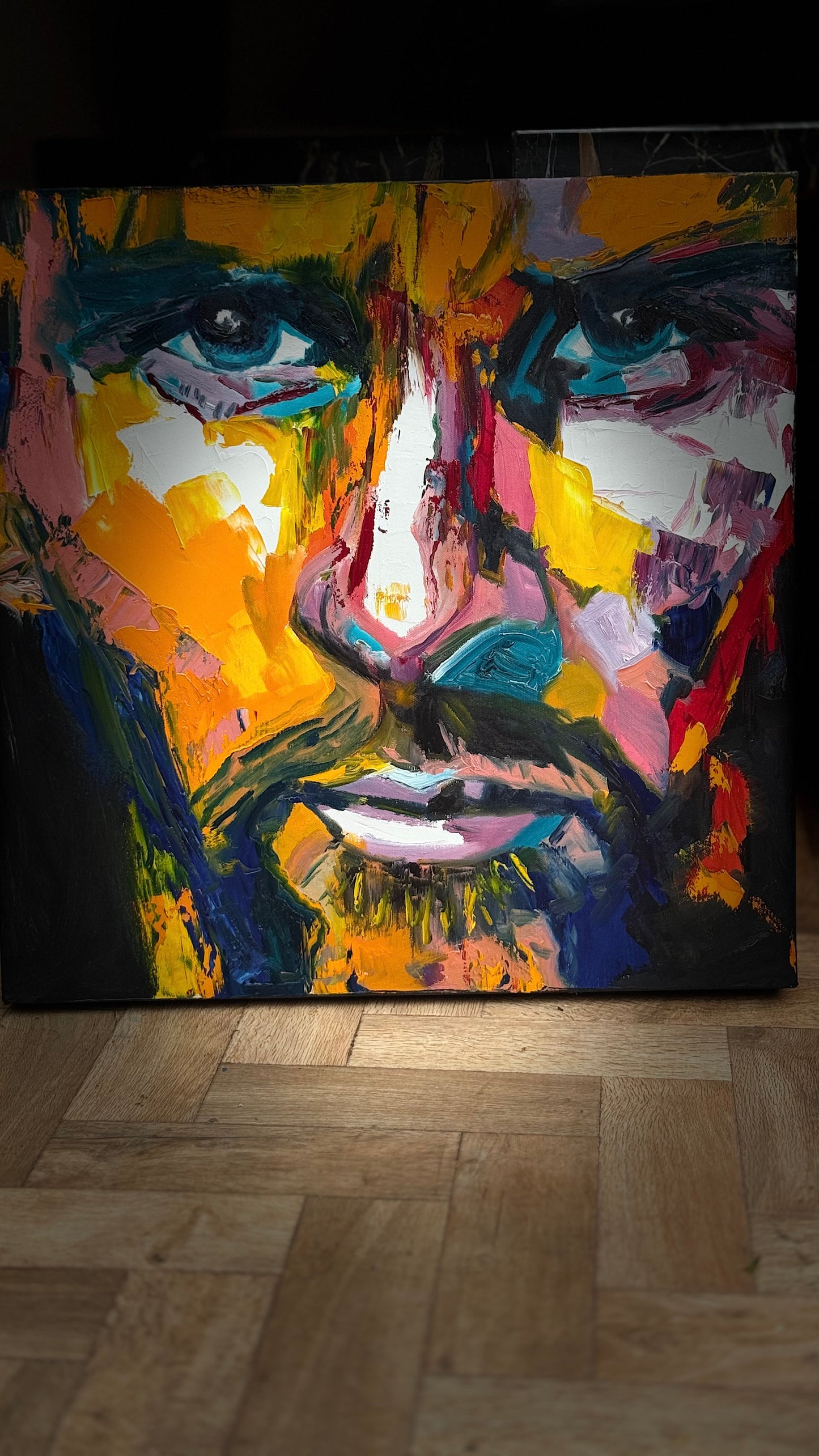 Original Abstract mixed media oil Painting On Canvas 50x50cm male portrait ‘Alejandro’ oka