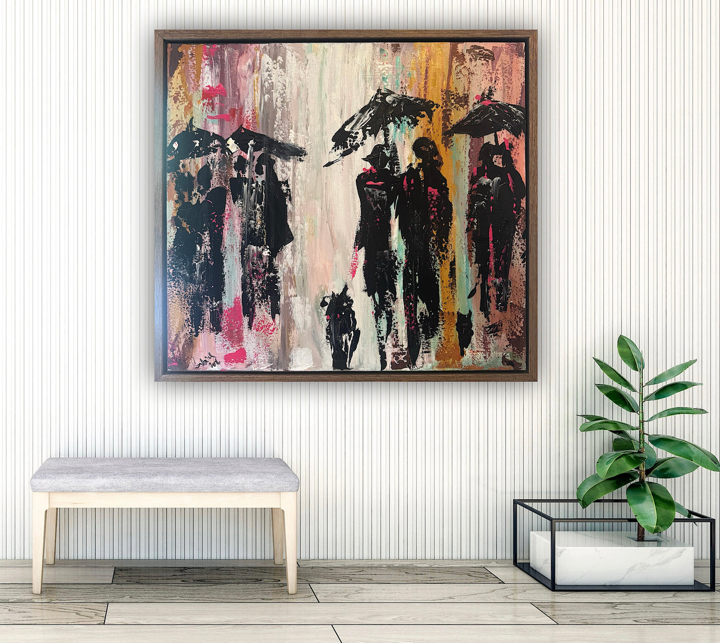 Original Abstract contemporary Oil Painting On Canvas 64cm x 60cm London in the Rain Framed in dark oak