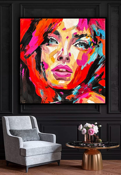 Richter Style Abstract Original Oil Painting On 100 x 100cm canvas Red head  woman portrait