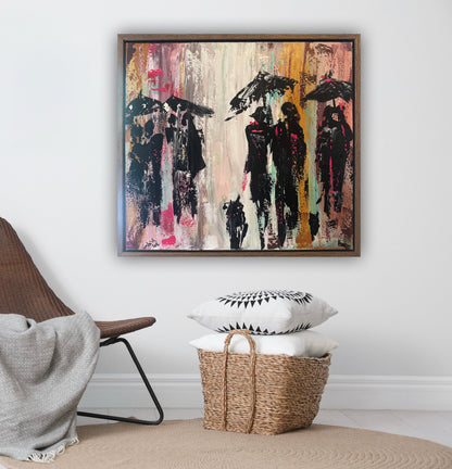 Original Abstract contemporary Oil Painting On Canvas 64cm x 60cm London in the Rain Framed in dark oak