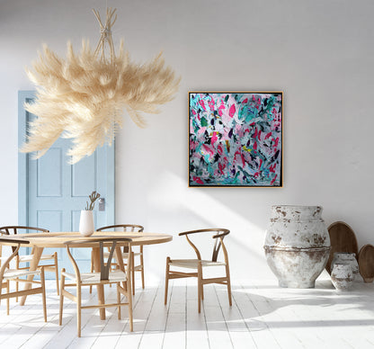 Abstract Original Oil Painting On 50x50cm canvas textured Painting ‘Summer Garden’ Oka framed in solid oak frame